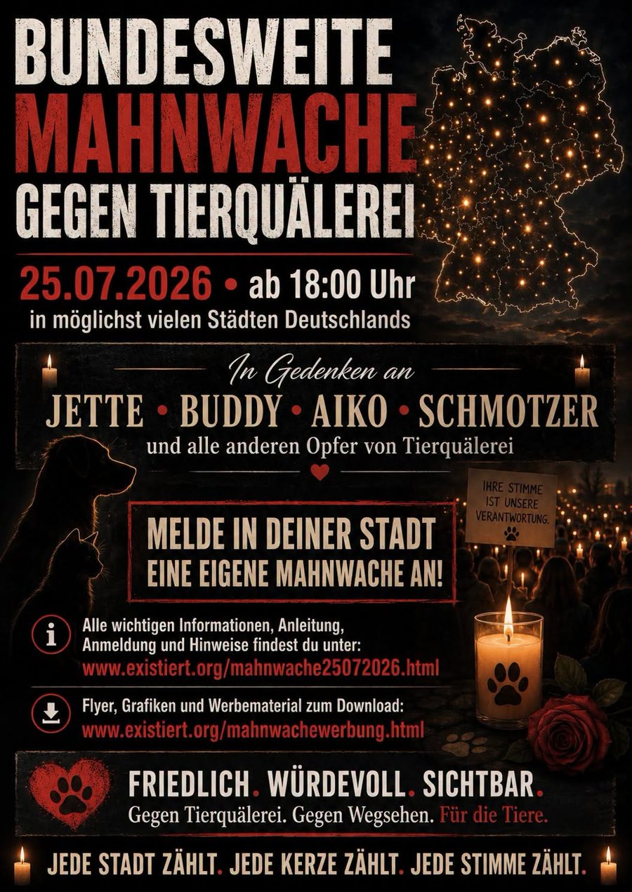 Plakat Bundesweite Mahnwache gegen Tierquälerei